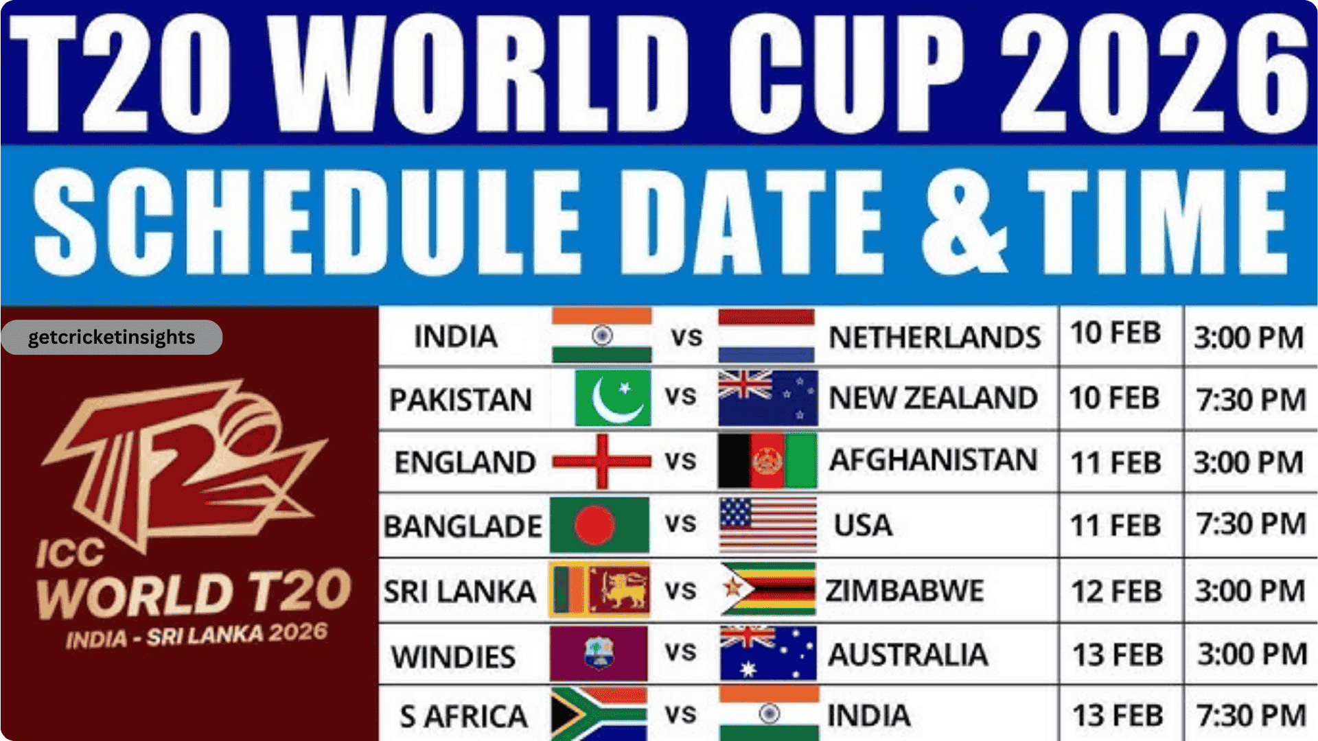 Cricket World Cup 2026 Time Table